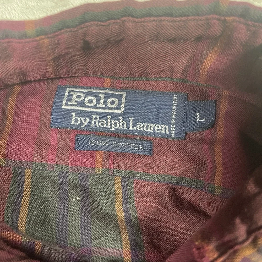 Polo Ralph Lauren Vintage ButtonDown Men's L Tartan Plaid‎ Cotton Burgundy
